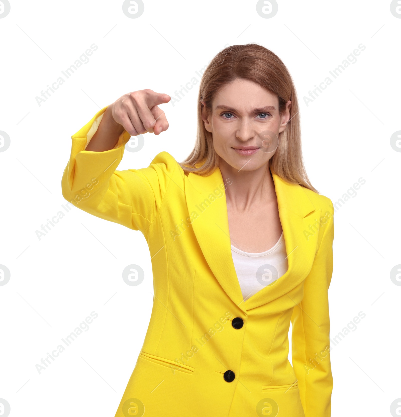 Photo of Beautiful business woman pointing on white background