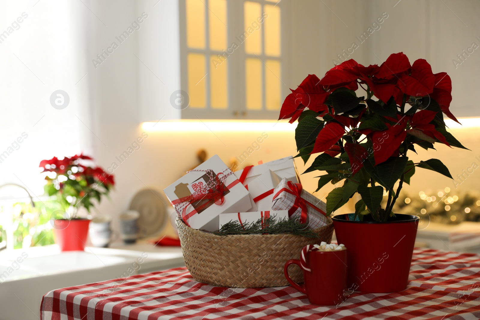 Photo of Basket with gifts for Christmas advent calendar, plant and cup of cocoa on table in kitchen