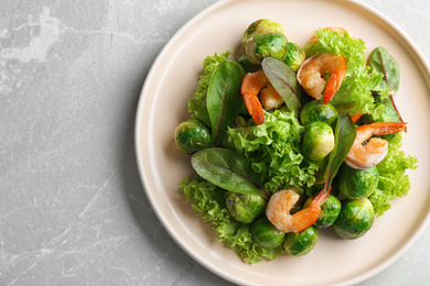 Photo of Tasty salad with Brussels sprouts on light grey table, top view