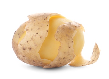 Ripe half-peeled organic potato on white background