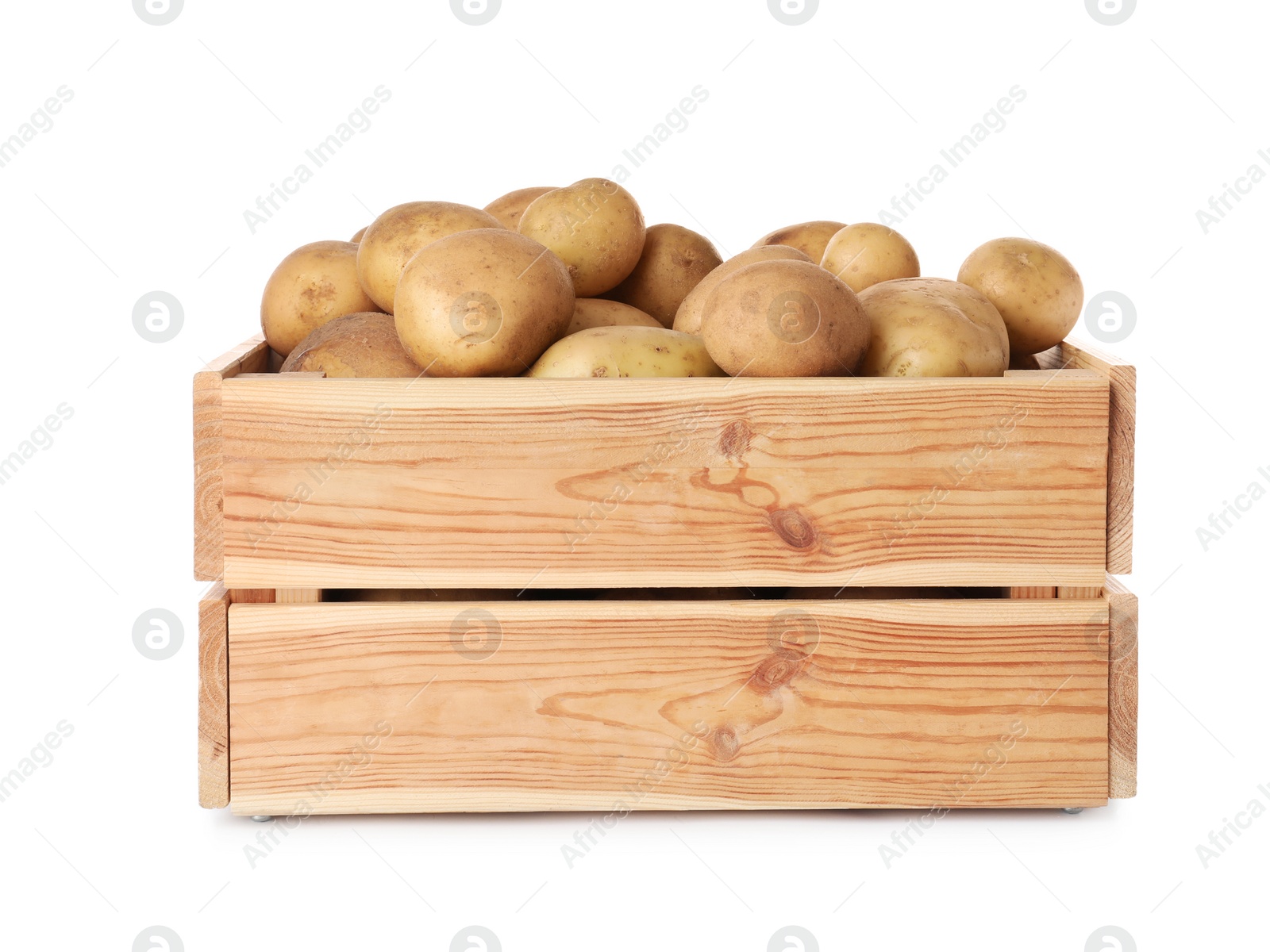 Photo of Wooden crate full of fresh raw potatoes on white background