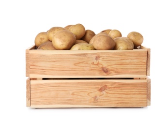 Photo of Wooden crate full of fresh raw potatoes on white background