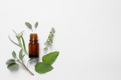 Bottle of essential oil and different herbs on white background, flat lay. Space for text