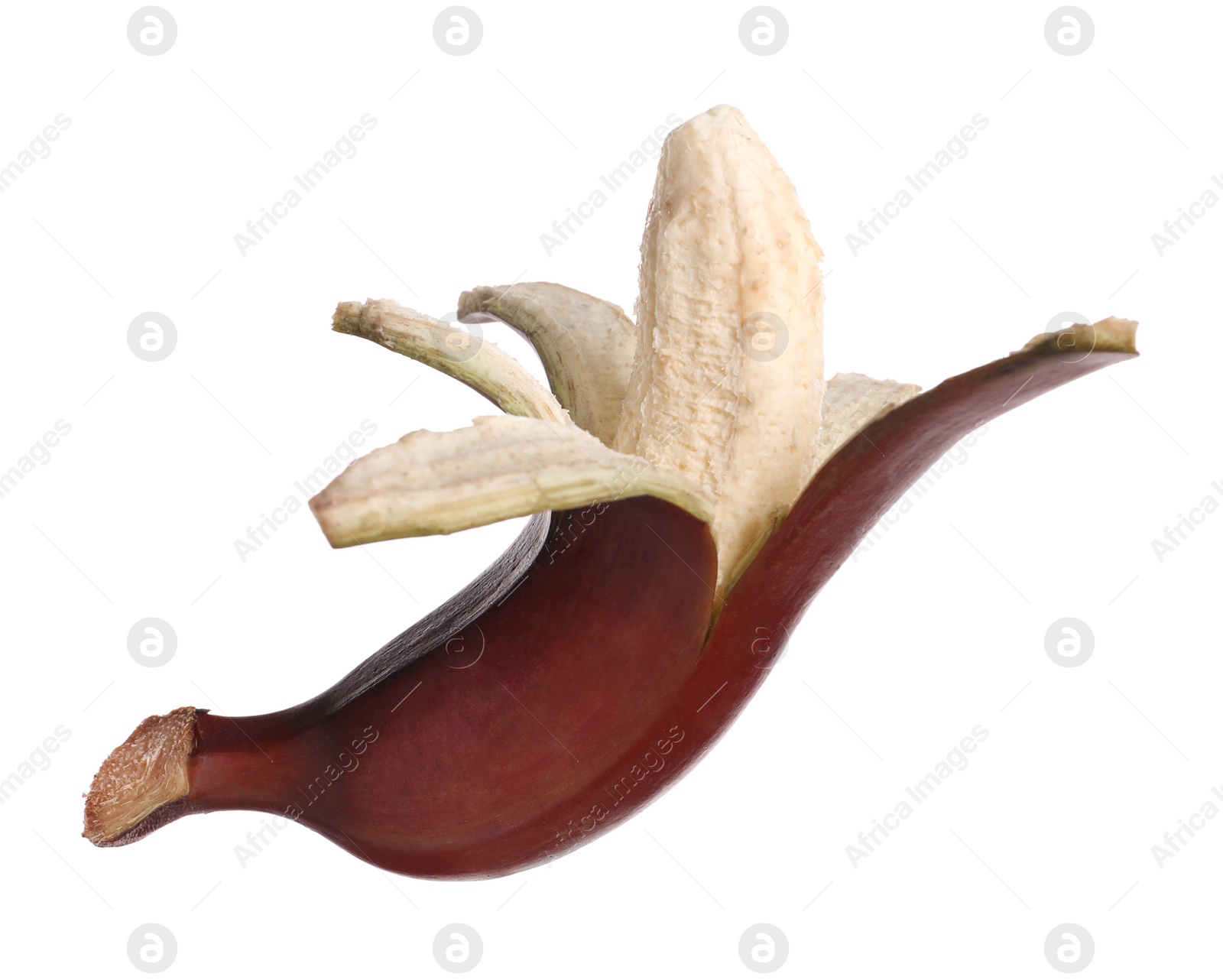 Photo of Tasty peeled red baby banana isolated on white