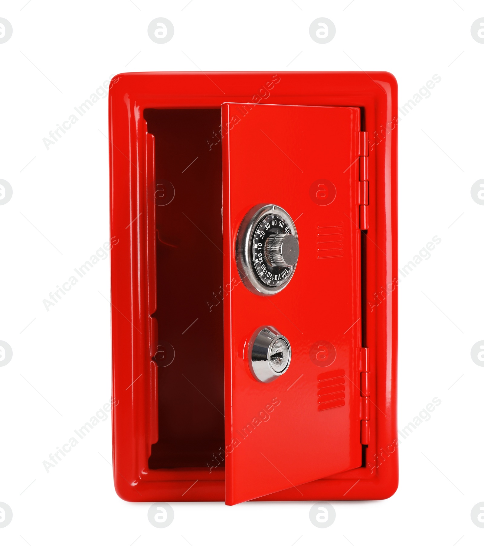 Photo of Open red steel safe isolated on white