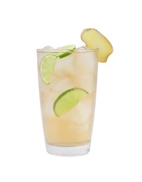 Glass of tasty ale with ice cubes, lime and ginger slices isolated on white