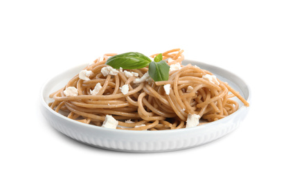 Tasty buckwheat noodles with feta isolated on white