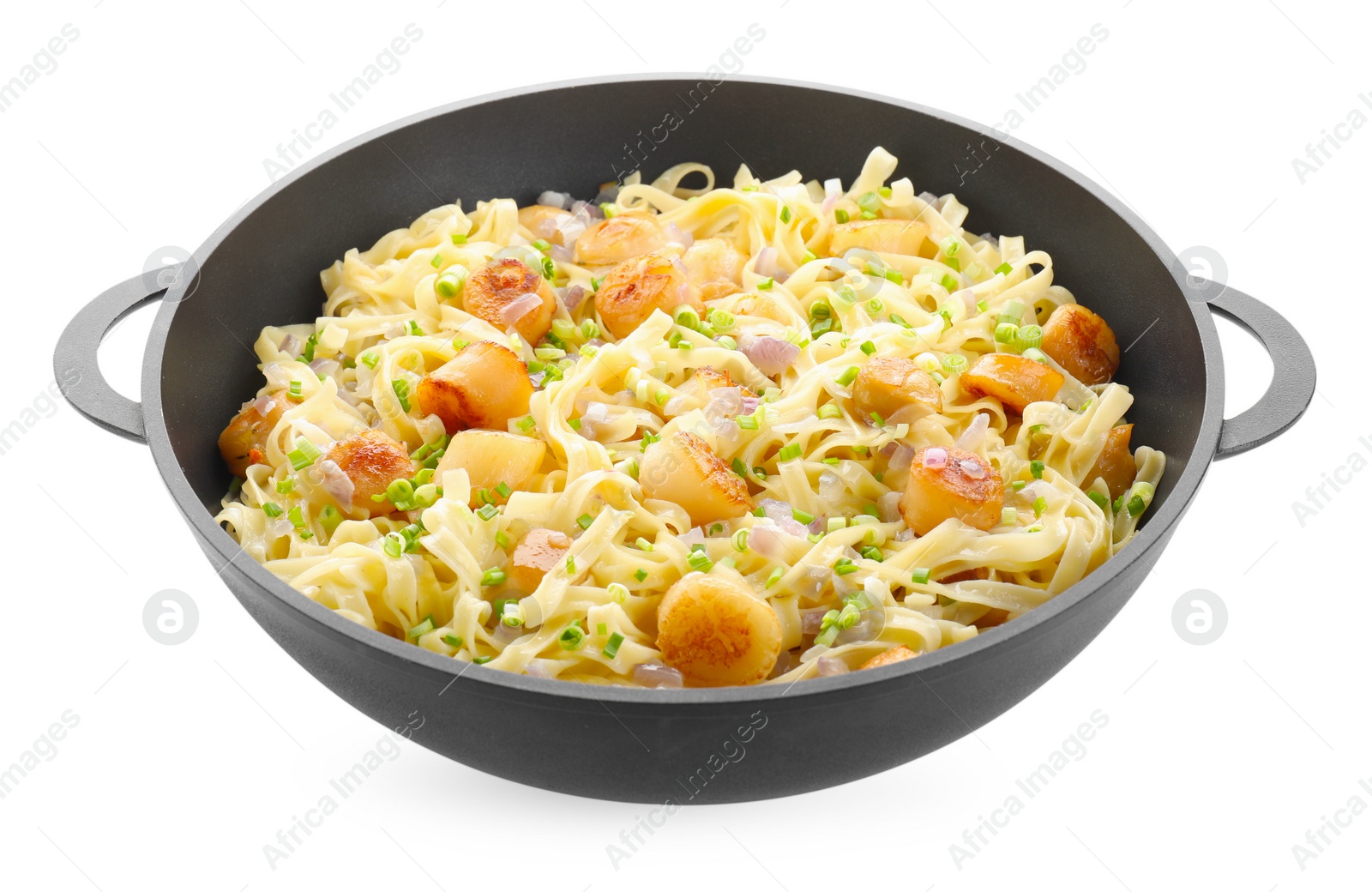 Photo of Delicious scallop pasta with onion in pan isolated on white