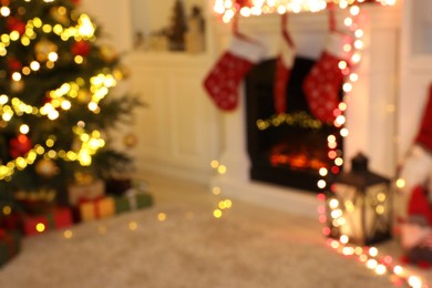 Blurred view of festive interior with beautiful Christmas decor