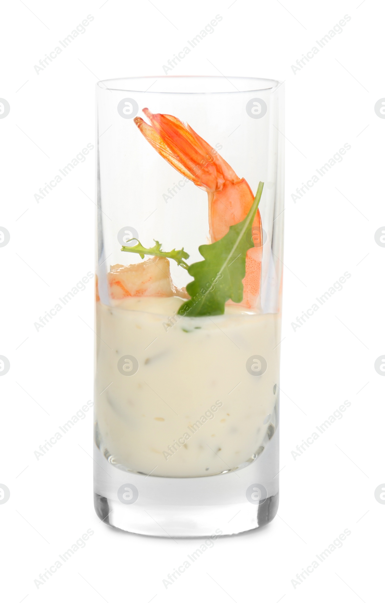 Photo of Delicious shrimp cocktail with tartar sauce isolated on white