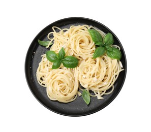 Photo of Delicious pasta with brie cheese and basil leaves on white background, top view