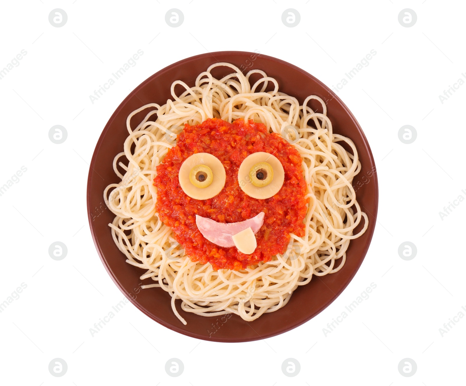 Photo of Plate with funny monster made of tasty pasta isolated on white, top view. Halloween food