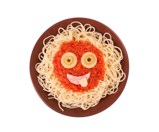 Photo of Plate with funny monster made of tasty pasta isolated on white, top view. Halloween food