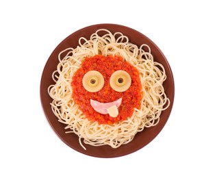 Plate with funny monster made of tasty pasta isolated on white, top view. Halloween food