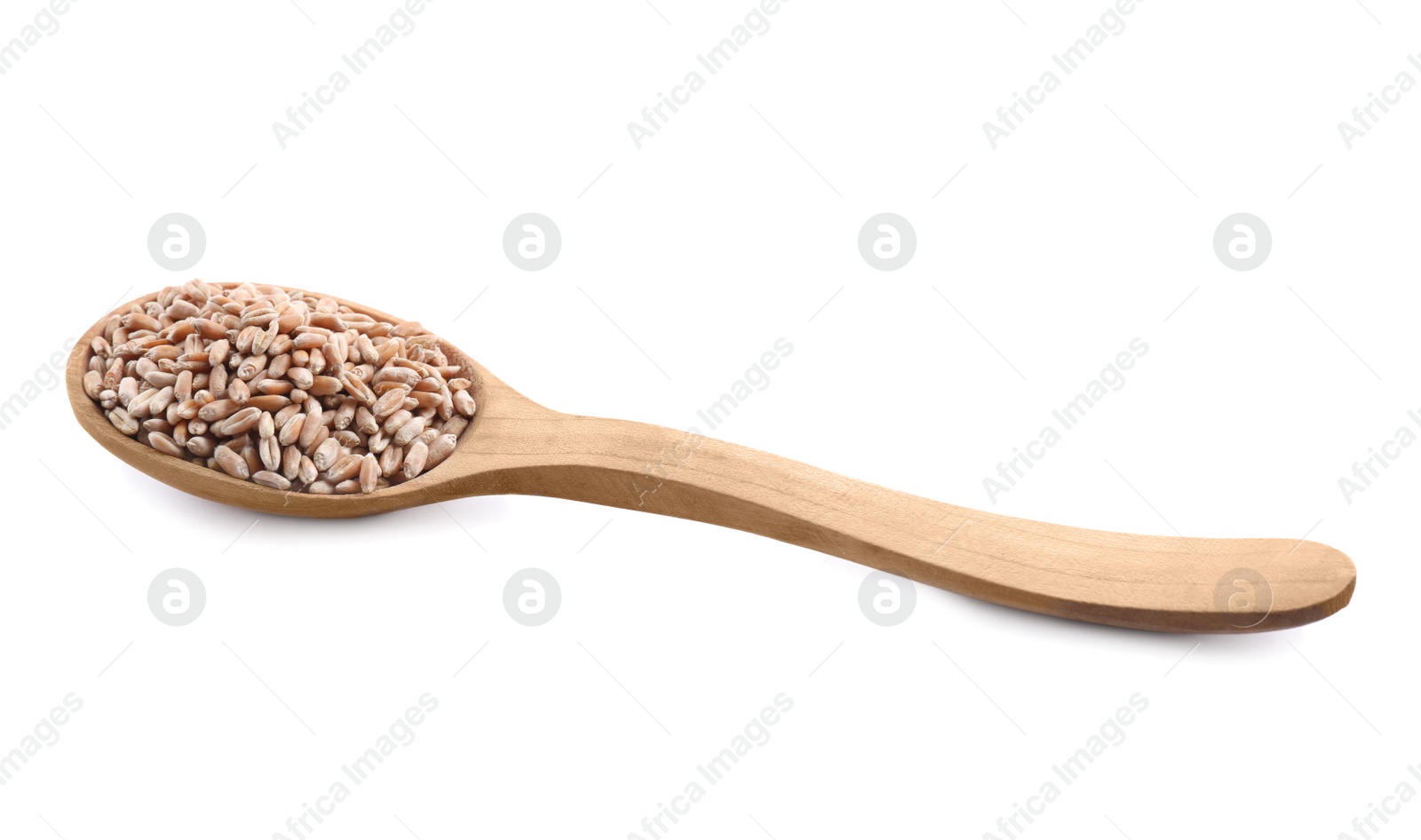 Photo of Wooden spoon with wheat grains isolated on white