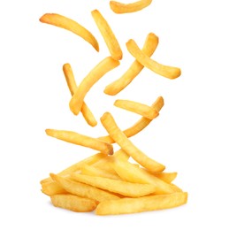 Image of Tasty French fries falling into pile on white background