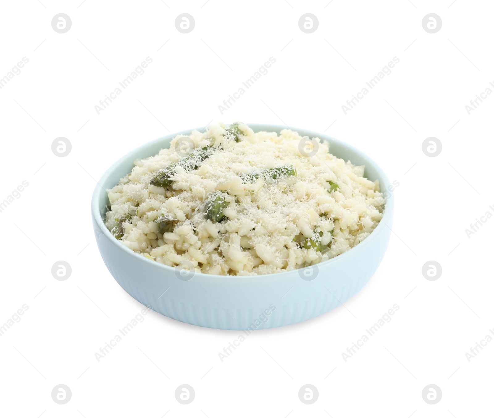 Photo of Delicious risotto with asparagus isolated on white