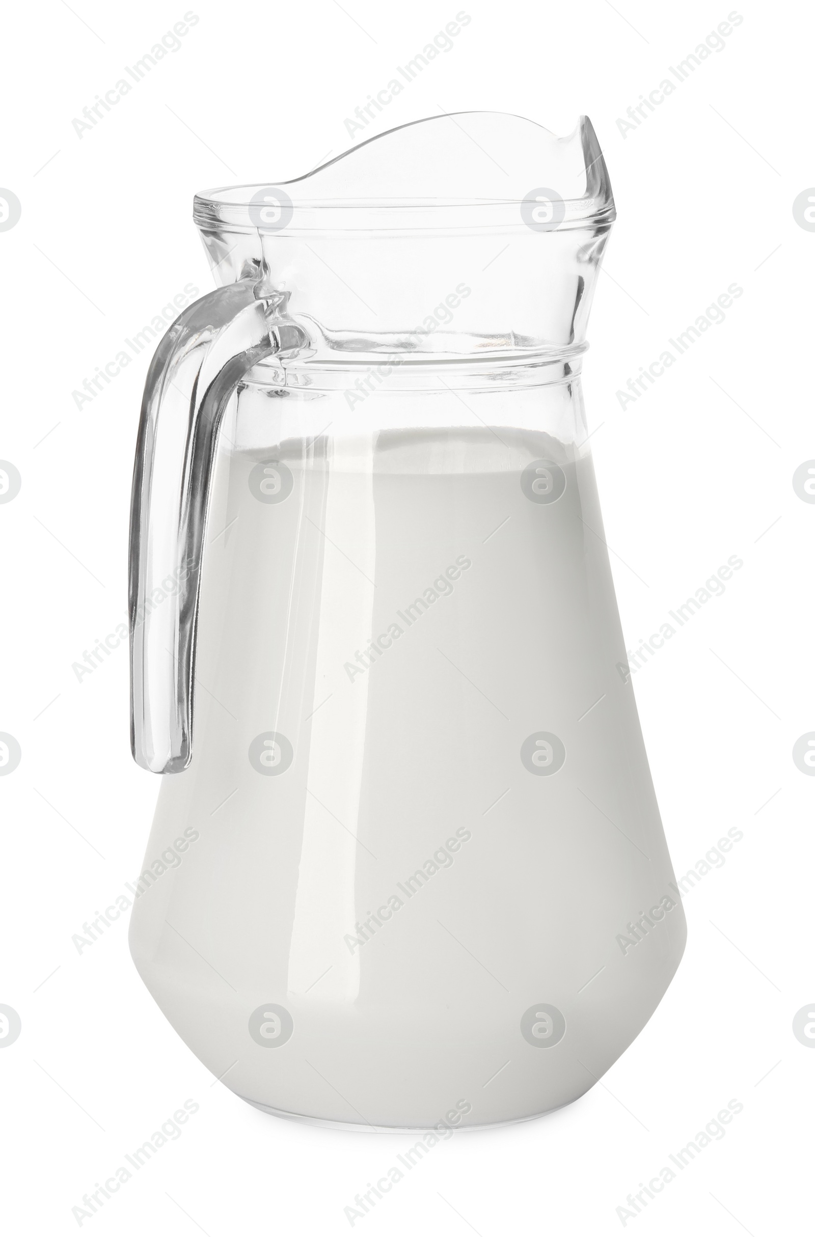 Photo of Glass jug of fresh milk isolated on white