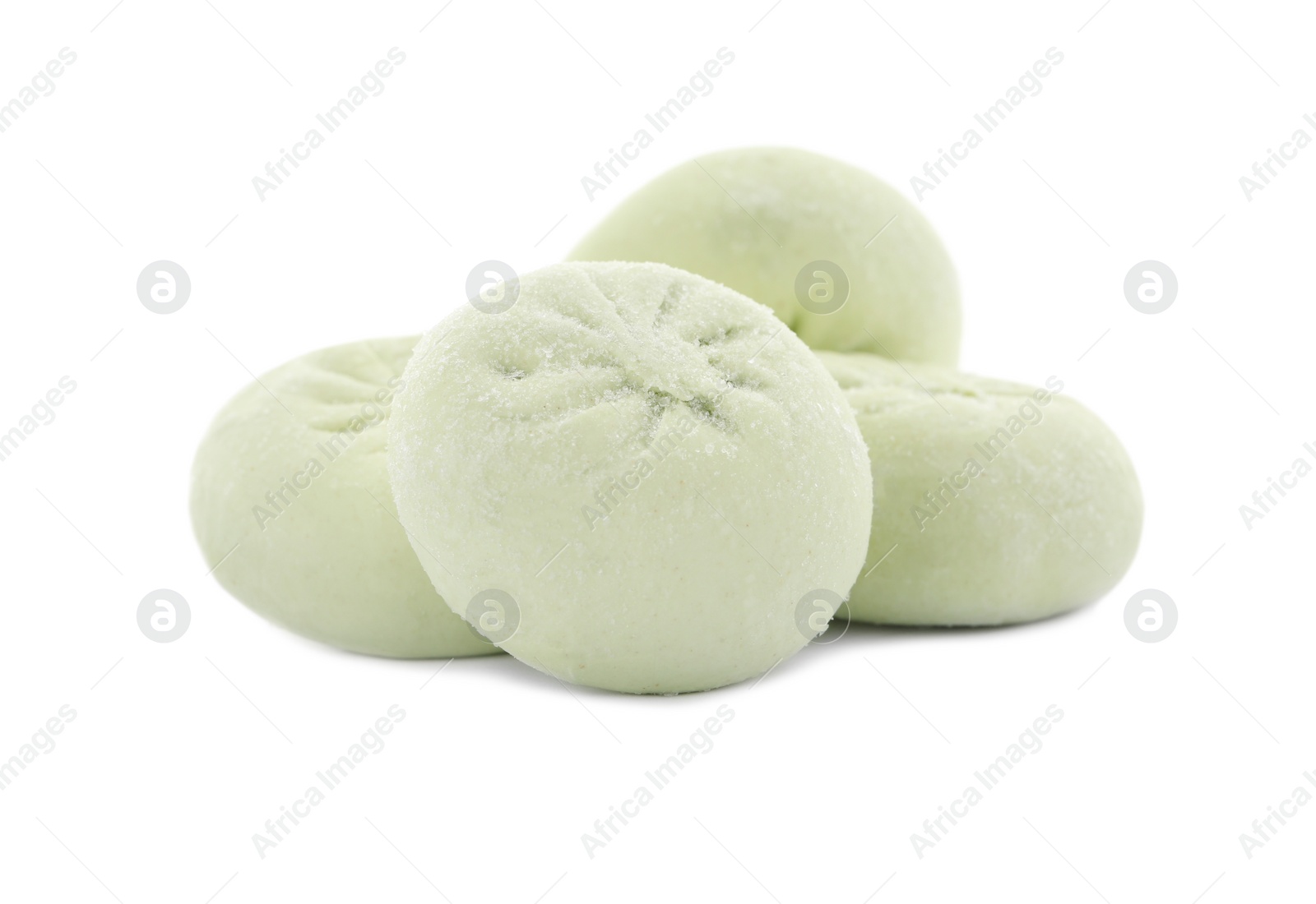 Photo of Heap of raw dumplings with tasty filling on white background