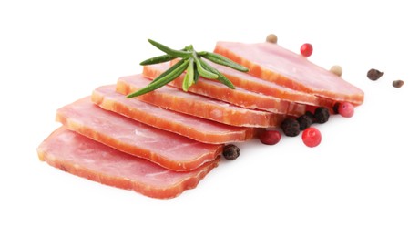 Photo of Slices of delicious smoked sausage with rosemary and pepper isolated on white