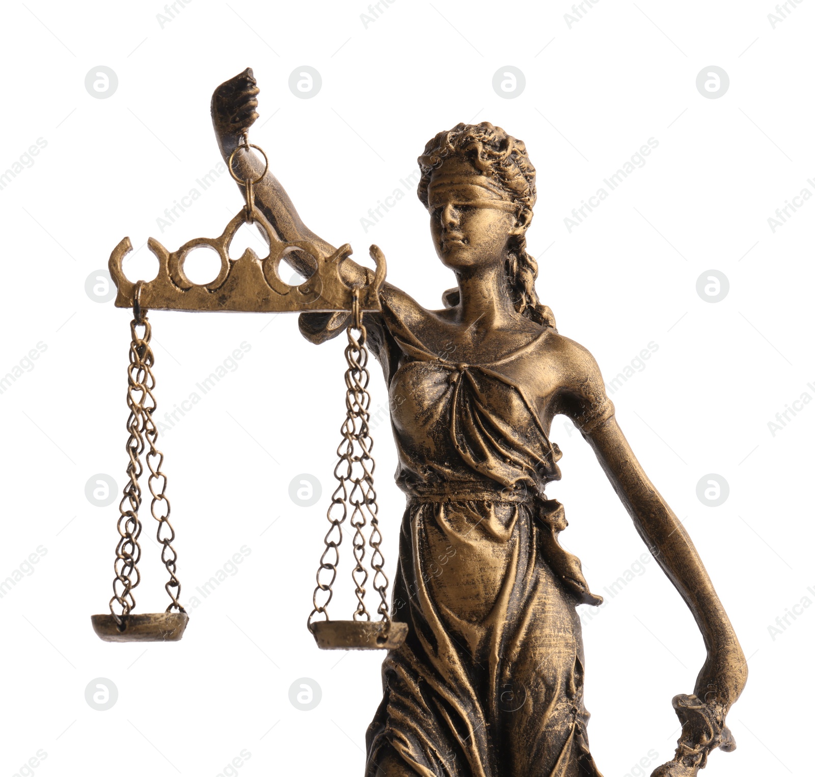 Photo of Statue of Lady Justice isolated on white. Symbol of fair treatment under law