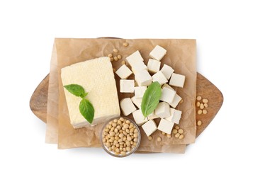 Photo of Delicious tofu cheese, basil and soybeans isolated on white, top view