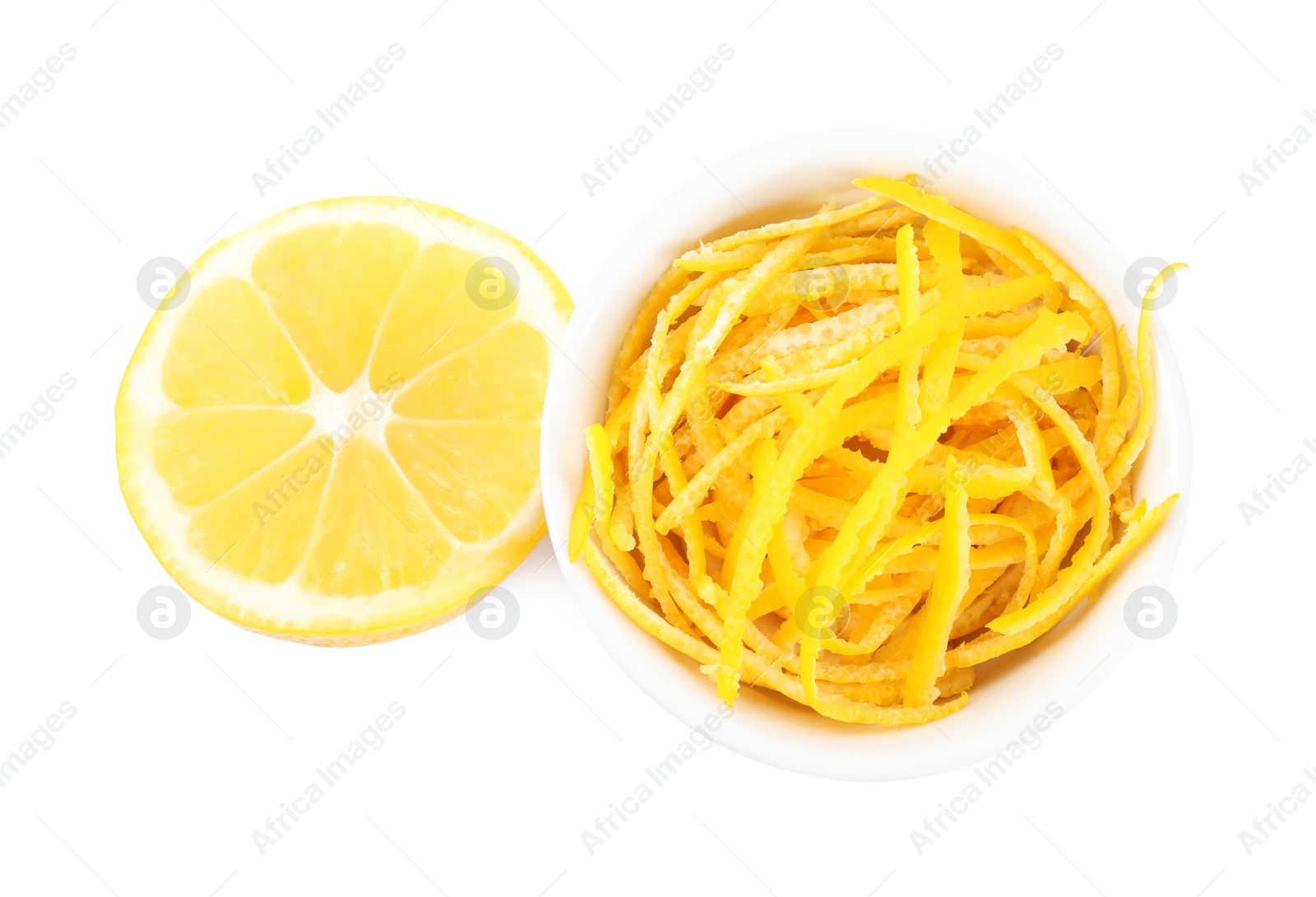 Photo of Lemon zest and fresh fruit on white background, top view