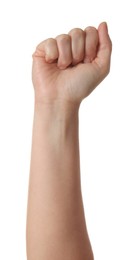 Photo of Playing rock, paper and scissors. Woman showing fist on white background, closeup