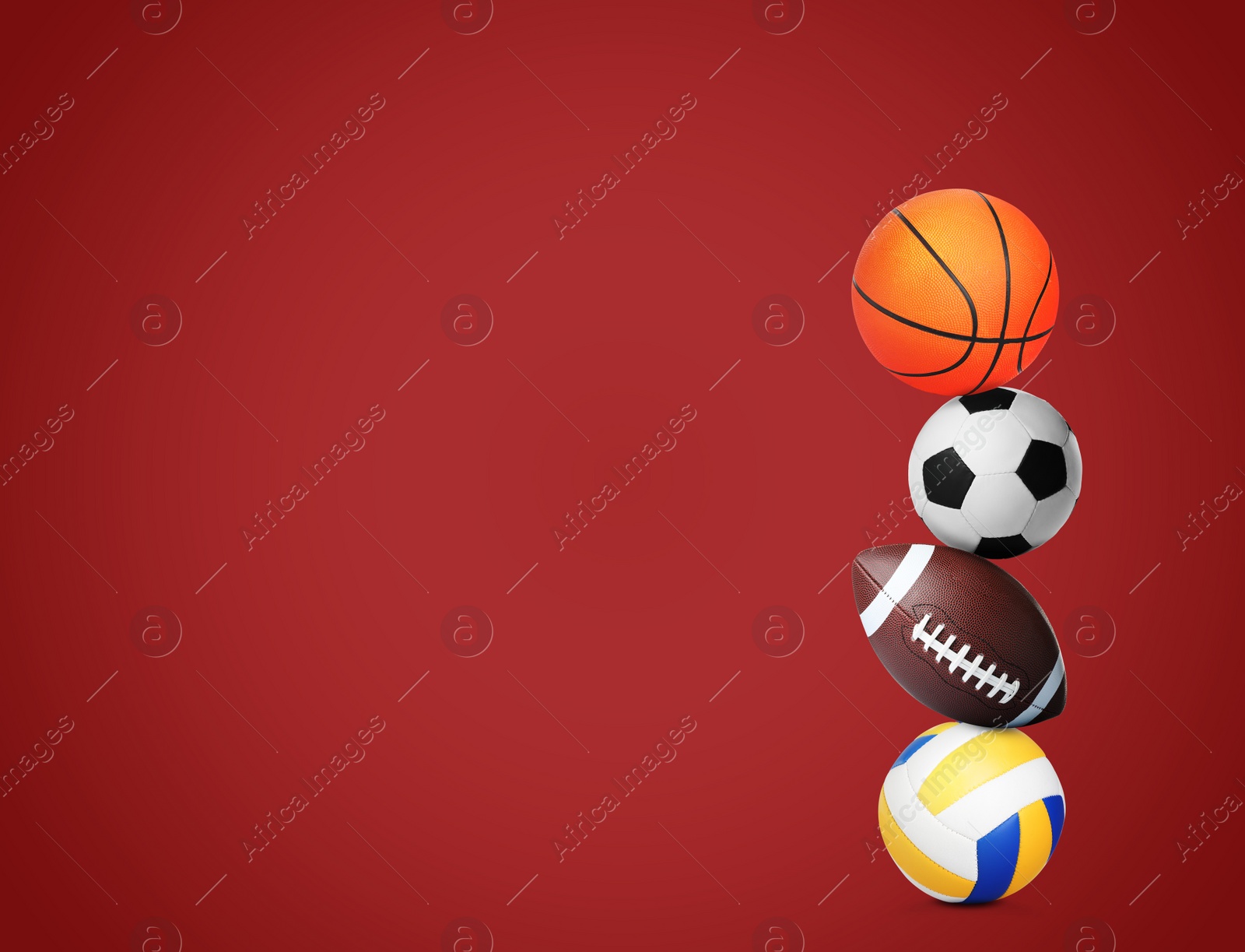 Image of Stack of different sport balls on red background, space for text