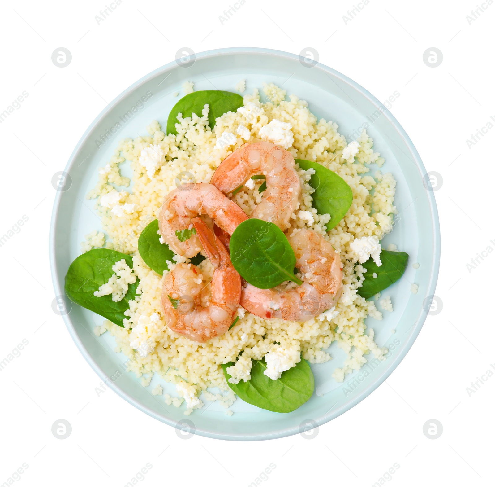 Photo of Plate of delicious couscous with shrimps and spinach isolated on white, top view