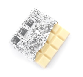 Photo of Delicious chocolate bar in foil on white background, top view