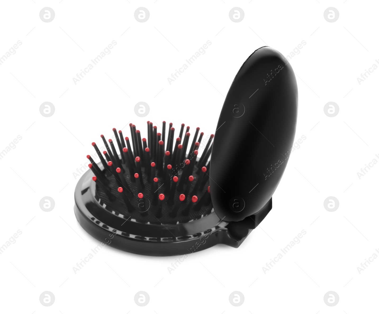 Photo of Round folding hair brush with mirror isolated on white