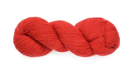 Red woolen yarn isolated on white, top view