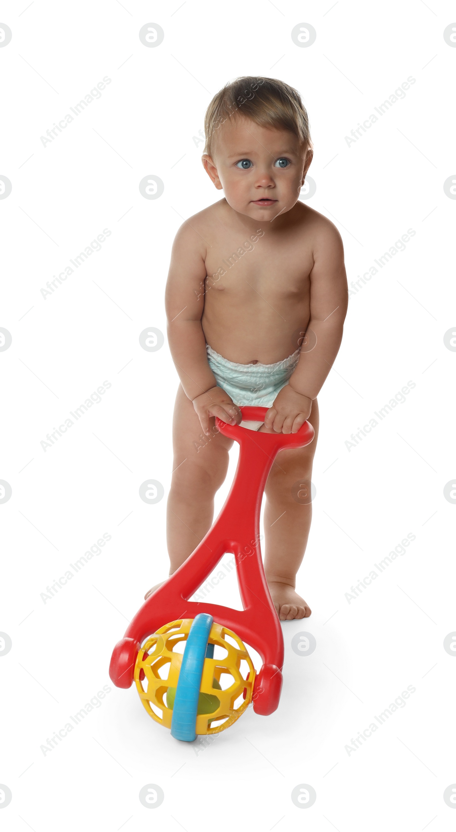 Photo of Cute baby with push toy learning to walk on white background