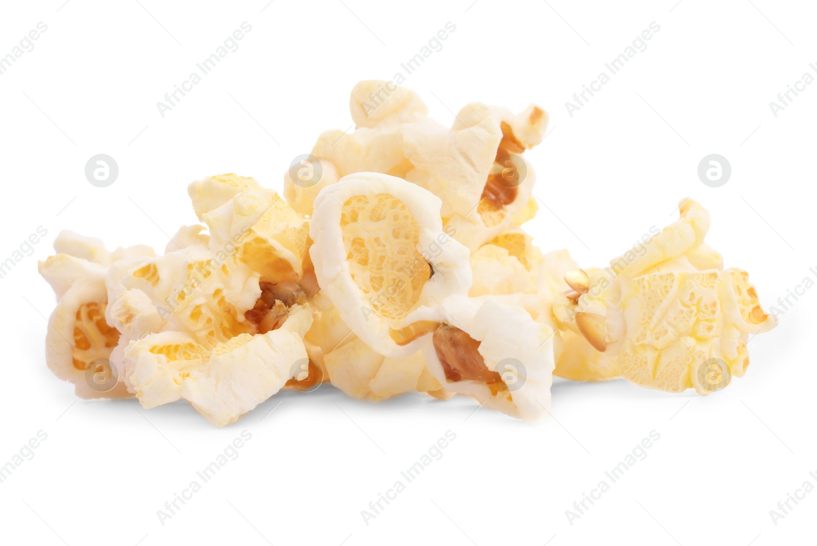 Photo of Fresh popcorn isolated on white. Tasty snack