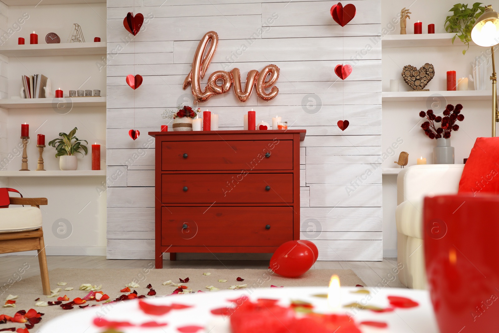 Photo of Cozy living room decorated for Valentine's Day