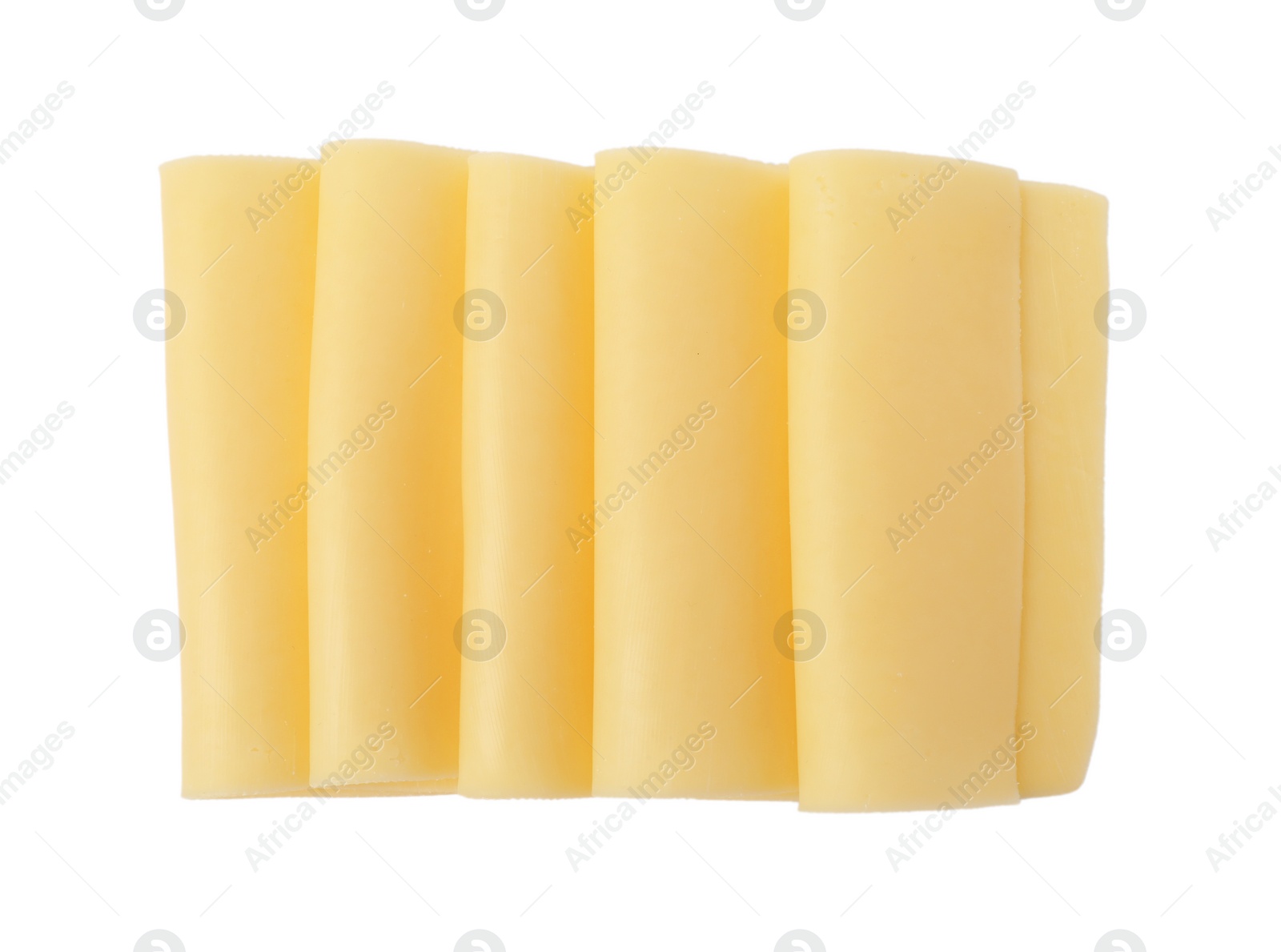 Photo of Slices of tasty fresh cheese isolated on white, top view