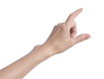 Photo of Woman pointing at something on white background, closeup of hand