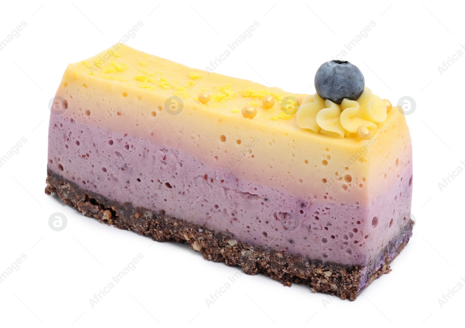 Photo of Piece of delicious cheesecake with lemon and blueberry isolated on white