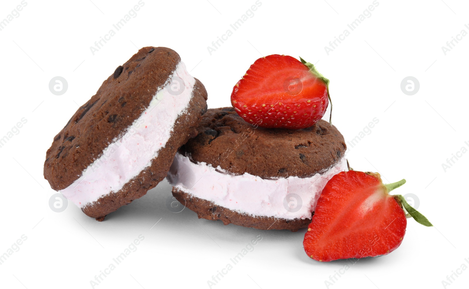 Photo of Sweet delicious ice cream cookie sandwiches and strawberry on white background