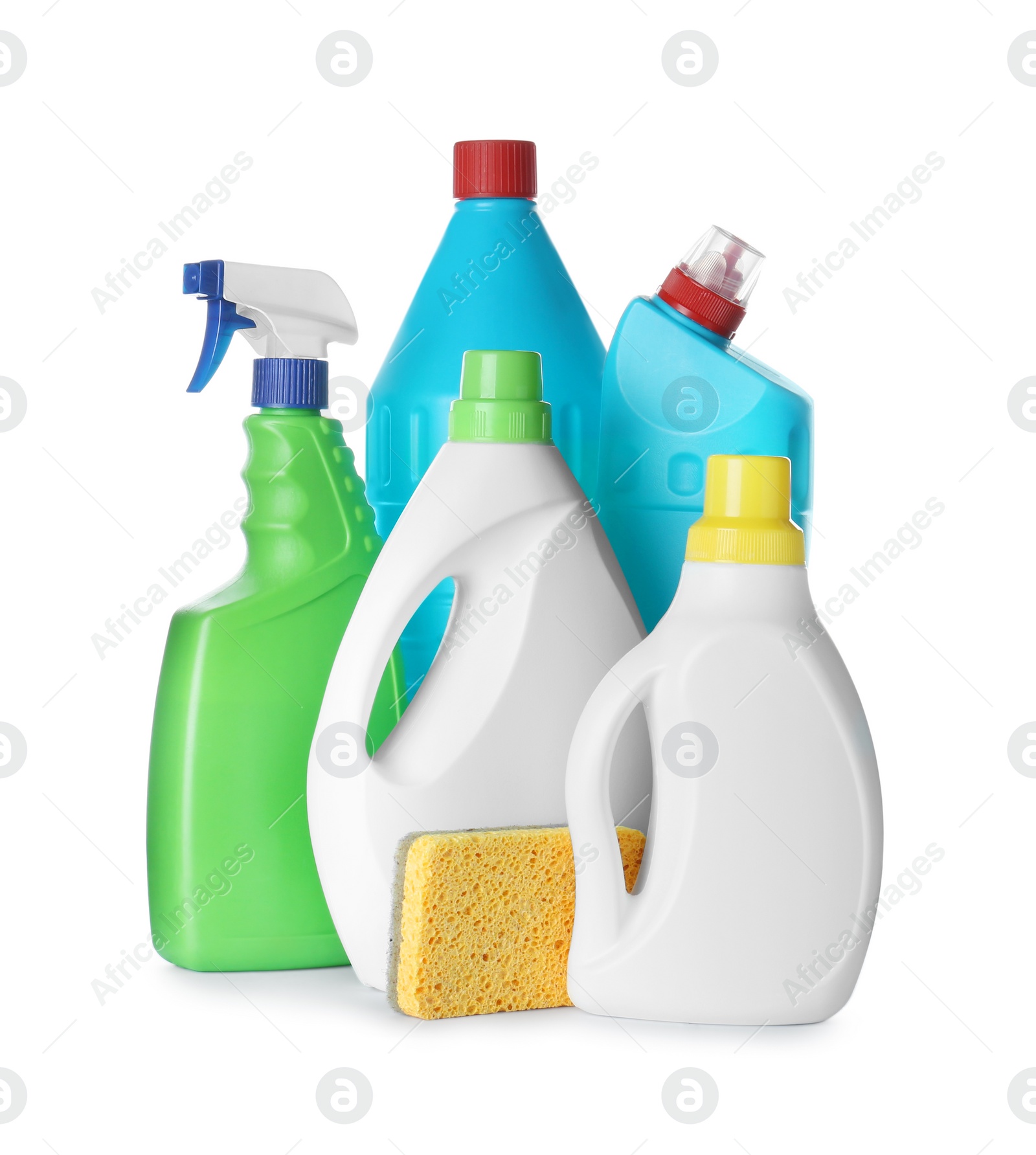 Photo of Different cleaning supplies and sponge on white background