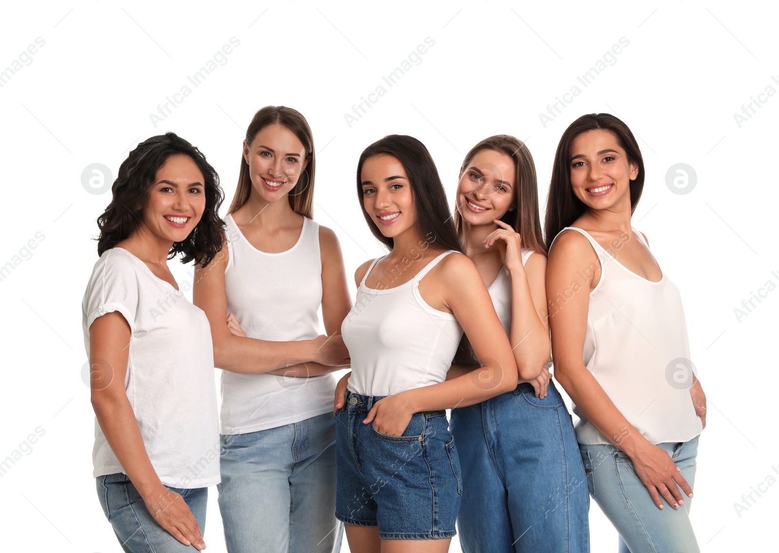 Photo of Happy women on white background. Girl power concept