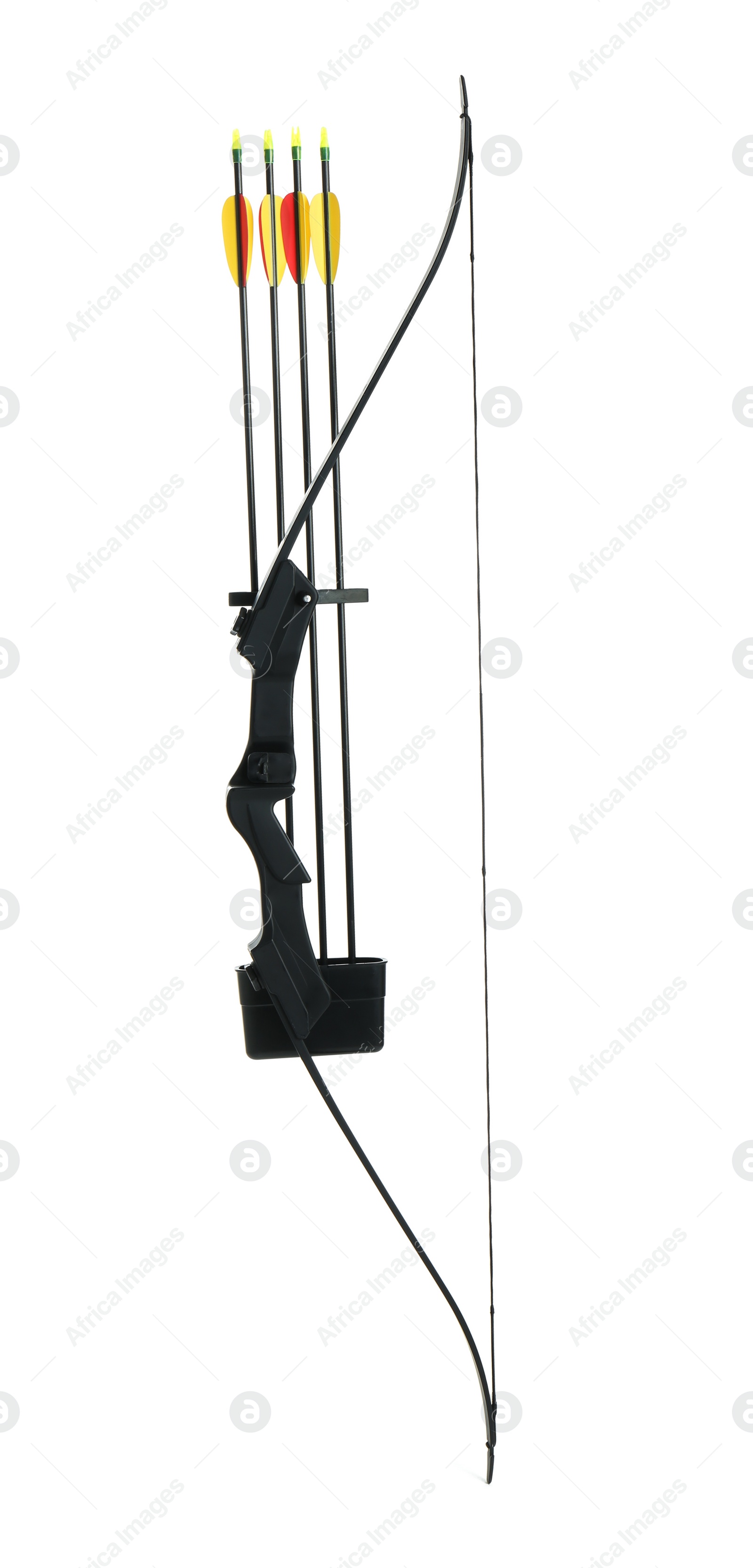 Photo of Black bow and plastic arrows on white background. Archery sports equipment