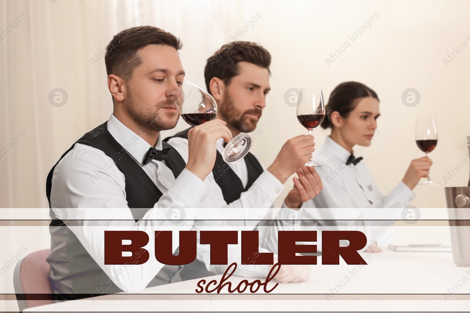 Image of Butler school. Group of people training in tasting red wine indoors
