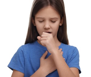 Photo of Sick girl coughing on white background. Cold symptoms