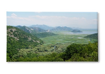 Photo printed on canvas, white background. Picturesque view of beautiful mountains on sunny day