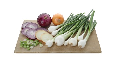 Wooden board with different kinds of onions isolated on white