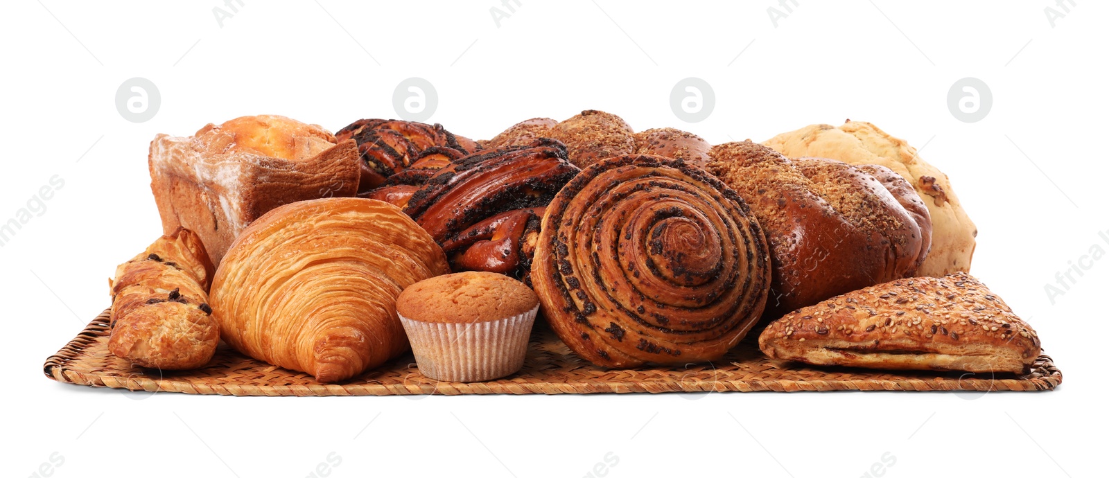 Photo of Different tasty freshly baked pastries isolated on white