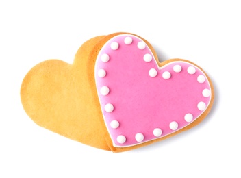 Homemade heart shaped cookies on white background, top view