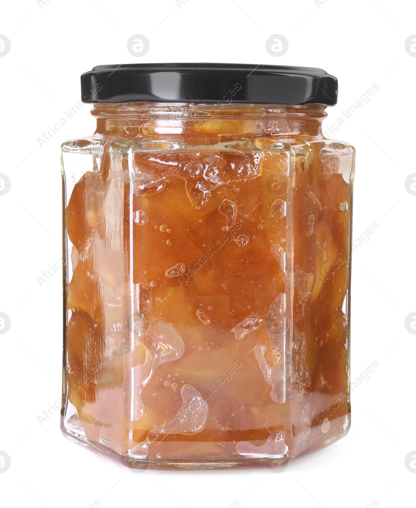 Photo of Glass jar of delicious apple jam isolated on white